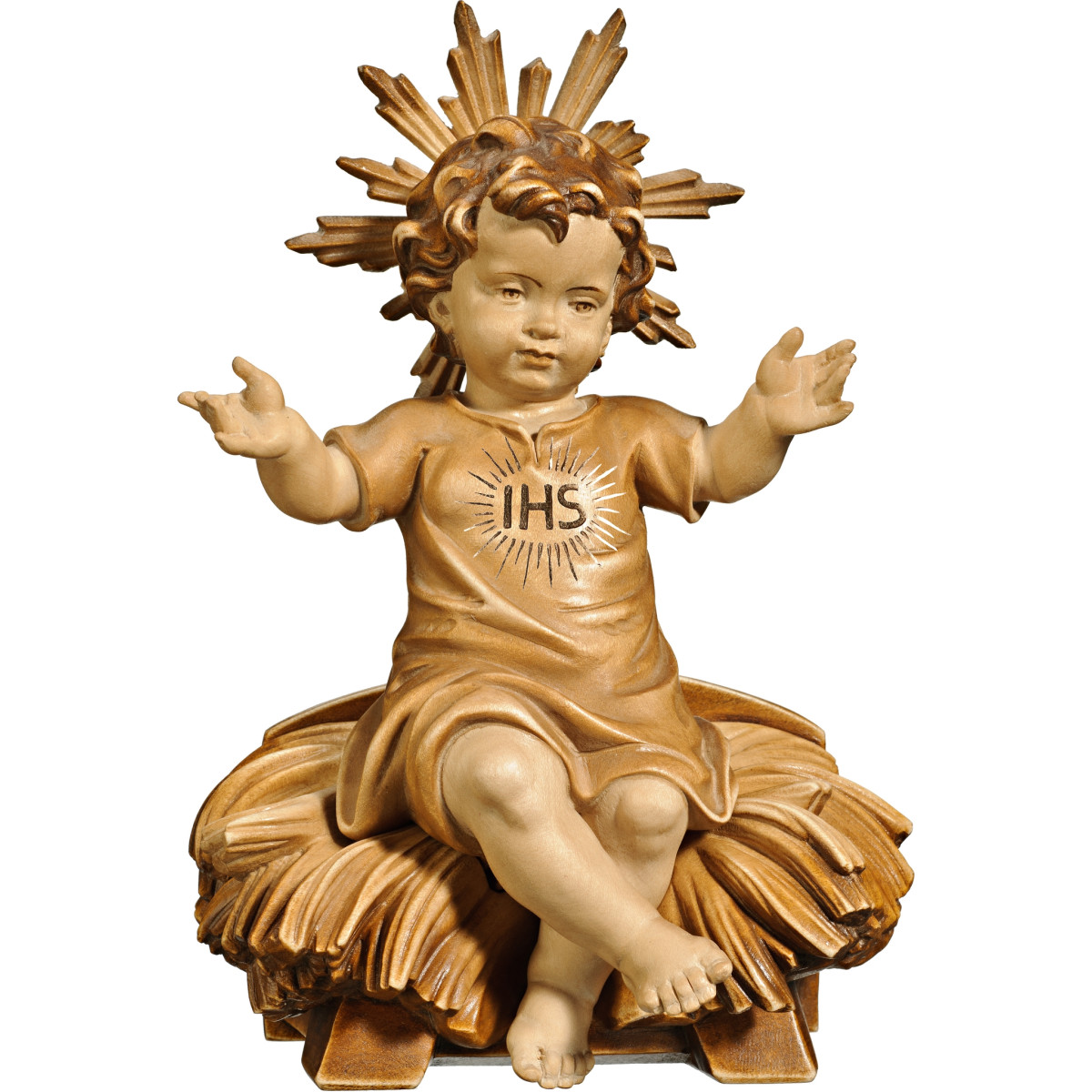 Niño Jesús vestido IHS sentado en cuna